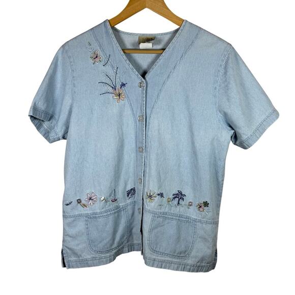 VTG 90s Cottage Floral Embroidered Cropped Boxy  Large Cotton Button Down - Picture 1 of 6